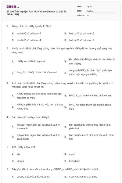 20 câu Trắc nghiệm Axit nitric và muối nitrat có đáp án (Nhận biết)