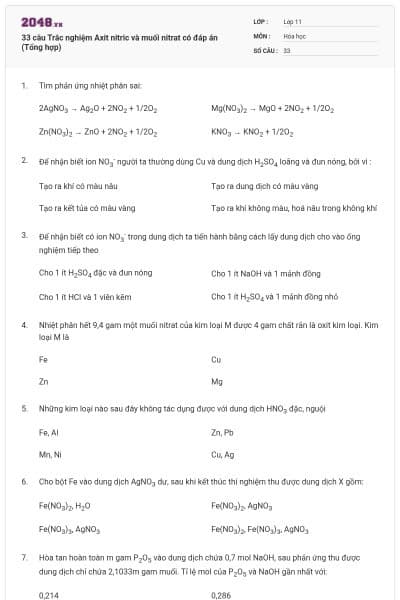 33 câu Trắc nghiệm Axit nitric và muối nitrat có đáp án (Tổng hợp)