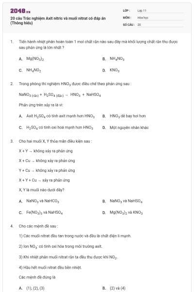 20 câu Trắc nghiệm Axit nitric và muối nitrat có đáp án (Thông hiểu)