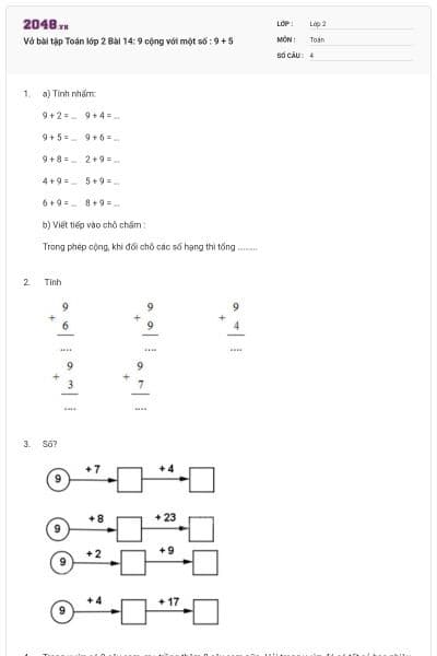 Vở bài tập Toán lớp 2 Bài 14: 9 cộng với một số : 9 + 5
