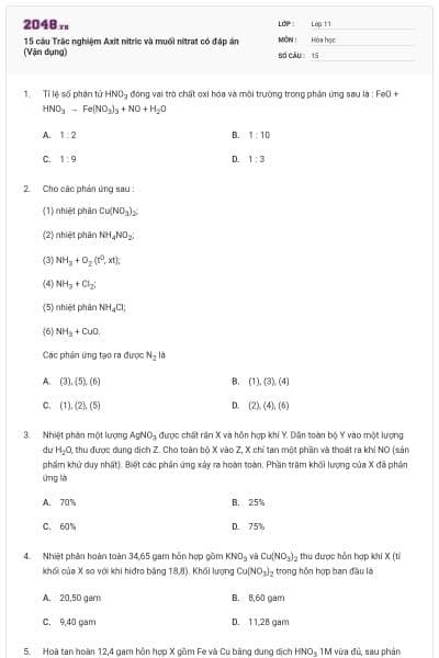 15 câu Trắc nghiệm Axit nitric và muối nitrat có đáp án (Vận dụng)