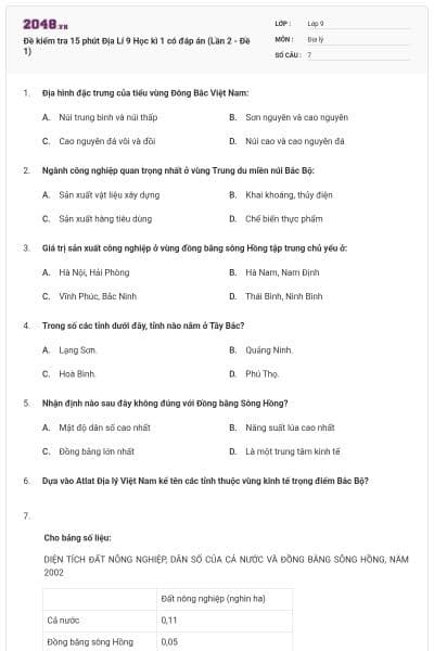 Đề kiểm tra 15 phút Địa Lí 9 Học kì 1 có đáp án (Lần 2 - Đề 1)