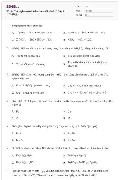 33 câu Trắc nghiệm Axit nitric và muối nitrat có đáp án (Tổng hợp)
