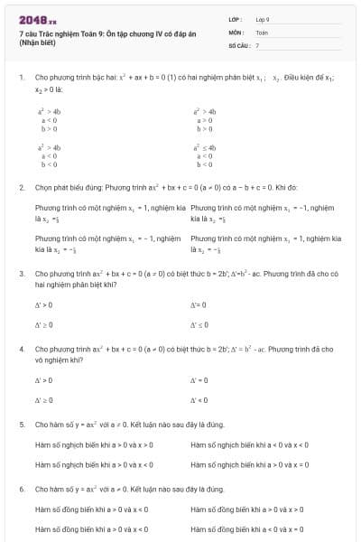7 câu Trắc nghiệm Toán 9: Ôn tập chương IV có đáp án (Nhận biết)
