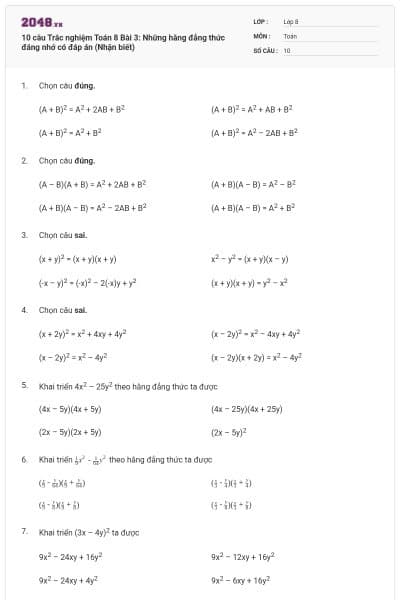 10 câu Trắc nghiệm Toán 8 Bài 3: Những hằng đẳng thức đáng nhớ có đáp án (Nhận biết)