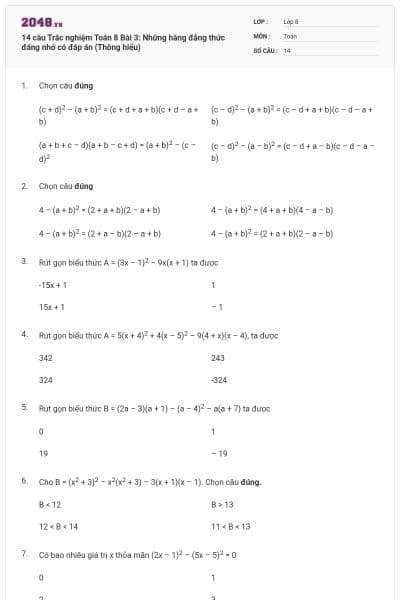 14 câu Trắc nghiệm Toán 8 Bài 3: Những hằng đẳng thức đáng nhớ có đáp án (Thông hiểu)