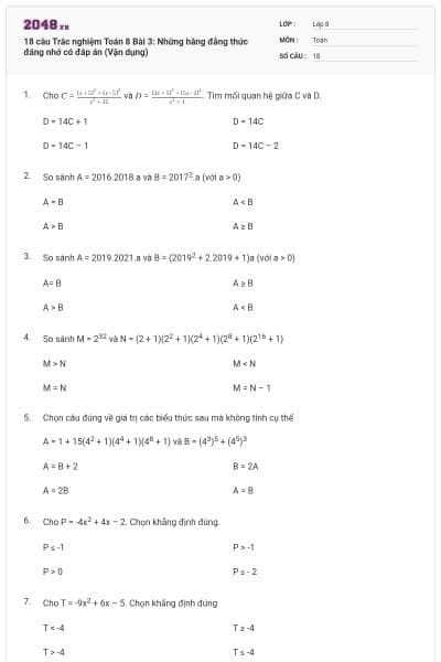 18 câu Trắc nghiệm Toán 8 Bài 3: Những hằng đẳng thức đáng nhớ có đáp án (Vận dụng)