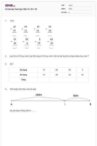 Vở bài tập Toán lớp 2 Bài 16: 49 + 25