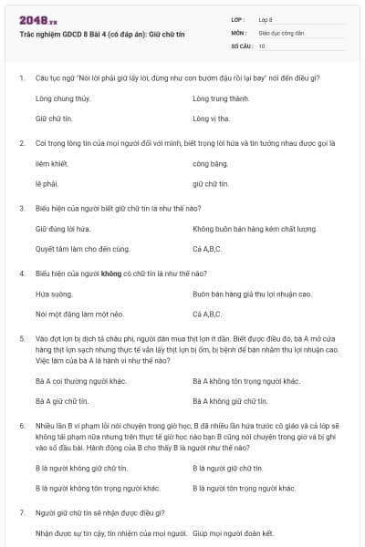 Trắc nghiệm GDCD 8 Bài 4 (có đáp án): Giữ chữ tín