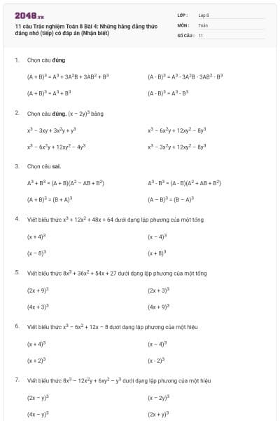 11 câu Trắc nghiệm Toán 8 Bài 4: Những hằng đẳng thức đáng nhớ (tiếp) có đáp án (Nhận biết)