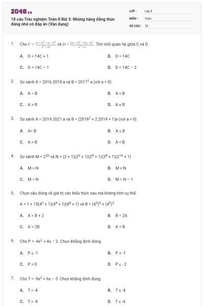 18 câu Trắc nghiệm Toán 8 Bài 3: Những hằng đẳng thức đáng nhớ có đáp án (Vận dụng)