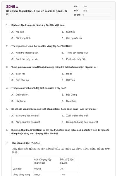 Đề kiểm tra 15 phút Địa Lí 9 Học kì 1 có đáp án (Lần 2 - Đề 2)