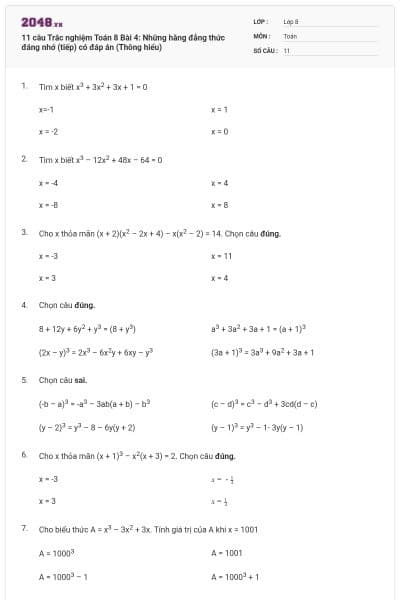 11 câu Trắc nghiệm Toán 8 Bài 4: Những hằng đẳng thức đáng nhớ (tiếp) có đáp án (Thông hiểu)