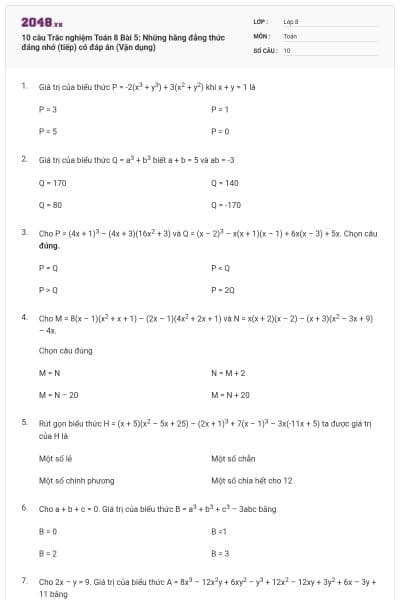 10 câu Trắc nghiệm Toán 8 Bài 5: Những hằng đẳng thức đáng nhớ (tiếp) có đáp án (Vận dụng)