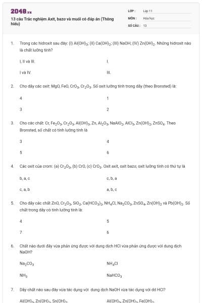 13 câu Trắc nghiệm Axit, bazơ và muối có đáp án (Thông hiểu)