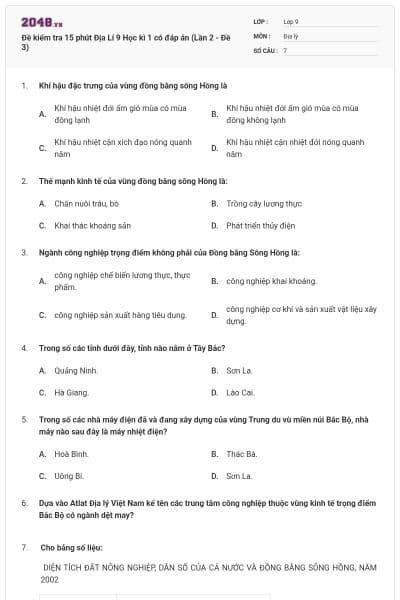 Đề kiểm tra 15 phút Địa Lí 9 Học kì 1 có đáp án (Lần 2 - Đề 3)