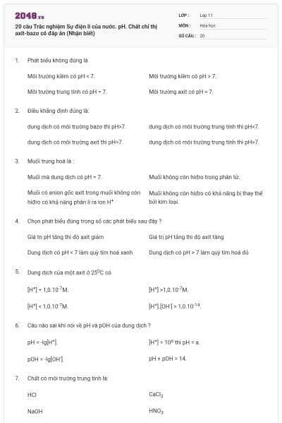 20 câu Trắc nghiệm Sự điện li của nước. pH. Chất chỉ thị axit-bazơ có đáp án (Nhận biết)