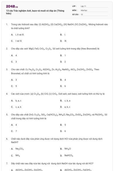 13 câu Trắc nghiệm Axit, bazơ và muối có đáp án (Thông hiểu)