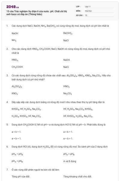 15 câu Trắc nghiệm Sự điện li của nước. pH. Chất chỉ thị axit-bazơ có đáp án (Thông hiểu)