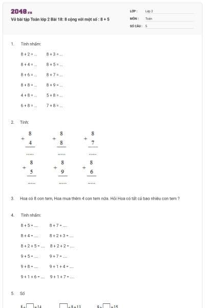Vở bài tập Toán lớp 2 Bài 18: 8 cộng với một số : 8 + 5