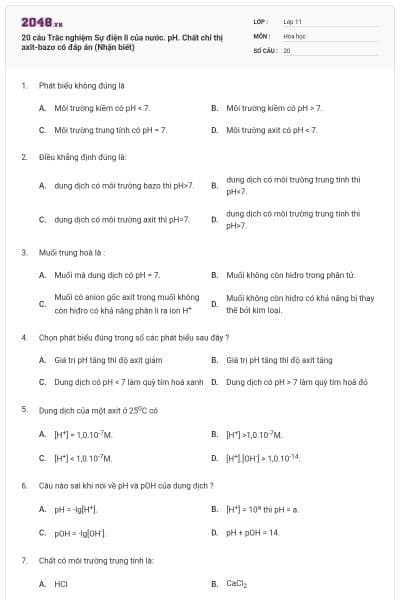 20 câu Trắc nghiệm Sự điện li của nước. pH. Chất chỉ thị axit-bazơ có đáp án (Nhận biết)