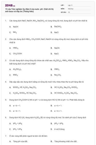 15 câu Trắc nghiệm Sự điện li của nước. pH. Chất chỉ thị axit-bazơ có đáp án (Thông hiểu)