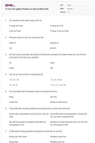 15 câu Trắc nghiệm Photpho có đáp án (Nhận biết)