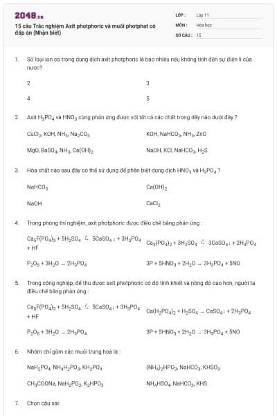 15 câu Trắc nghiệm Axit photphoric và muối photphat có đáp án (Nhận biết)