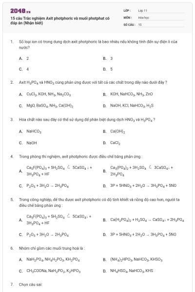 15 câu Trắc nghiệm Axit photphoric và muối photphat có đáp án (Nhận biết)