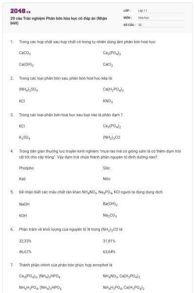 20 câu Trắc nghiệm Phân bón hóa học có đáp án (Nhận biết)