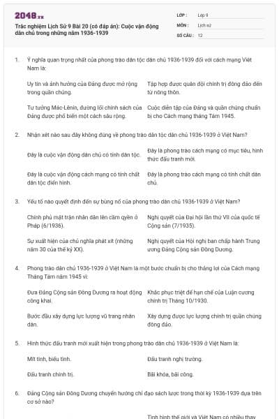 Trắc nghiệm Lịch Sử 9 Bài 20 (có đáp án): Cuộc vận động dân chủ trong những năm 1936-1939