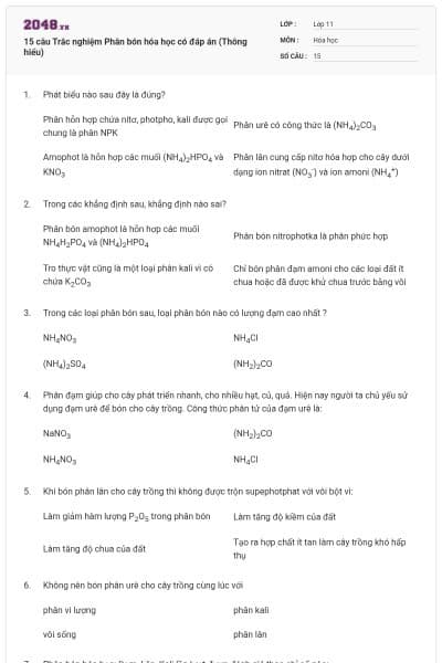 15 câu Trắc nghiệm Phân bón hóa học có đáp án (Thông hiểu)