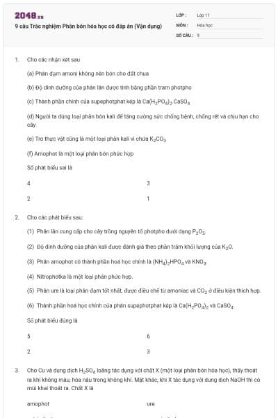 9 câu Trắc nghiệm Phân bón hóa học có đáp án (Vận dụng)
