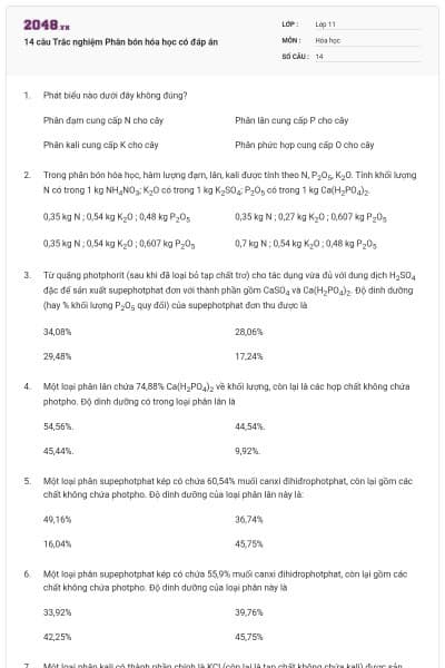 14 câu  Trắc nghiệm Phân bón hóa học có đáp án