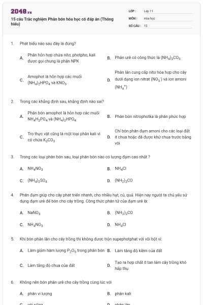 15 câu Trắc nghiệm Phân bón hóa học có đáp án (Thông hiểu)