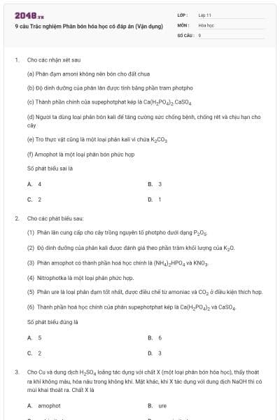 9 câu Trắc nghiệm Phân bón hóa học có đáp án (Vận dụng)