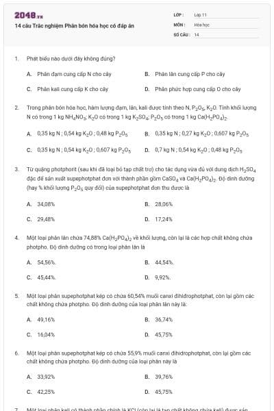 14 câu  Trắc nghiệm Phân bón hóa học có đáp án