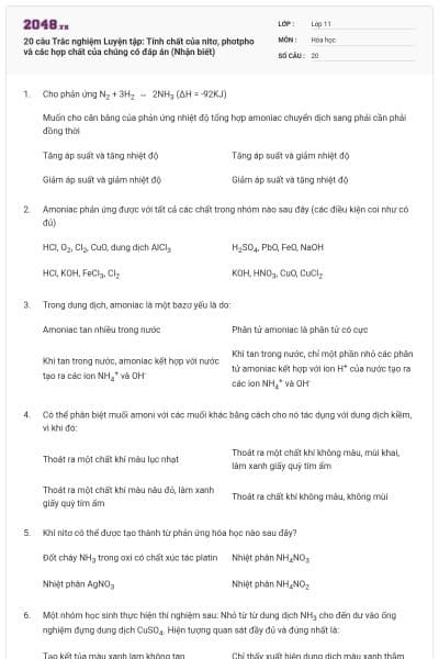 20 câu Trắc nghiệm Luyện tập: Tính chất của nitơ, photpho và các hợp chất của chúng có đáp án (Nhận biết)