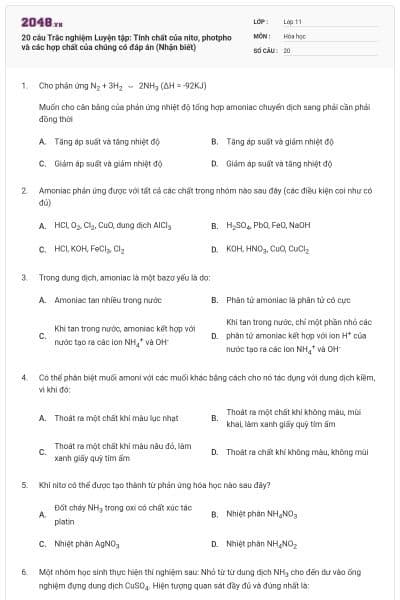 20 câu Trắc nghiệm Luyện tập: Tính chất của nitơ, photpho và các hợp chất của chúng có đáp án (Nhận biết)
