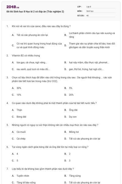 Đề thi Sinh học 8 Học kì 2 có đáp án (Trắc nghiệm 2)