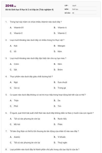 Đề thi Sinh học 8 Học kì 2 có đáp án (Trắc nghiệm 4)