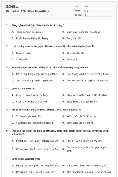 Đề thi giữa kì 1 Địa Lí 9 có đáp án (Đề 1)