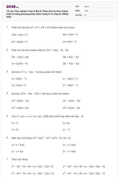 10 câu Trắc nghiệm Toán 8 Bài 8: Phân tích đa thức thành nhân tử bằng phương pháp nhóm hạng tử có đáp án (Nhận biết)