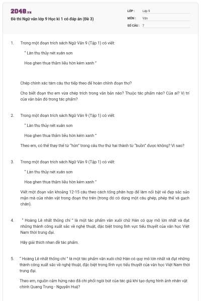 Đề thi Ngữ văn lớp 9 Học kì 1 có đáp án (Đề 3)