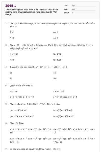 10 câu Trắc nghiệm Toán 8 Bài 8: Phân tích đa thức thành nhân tử bằng phương pháp nhóm hạng tử có đáp án (Vận dụng)