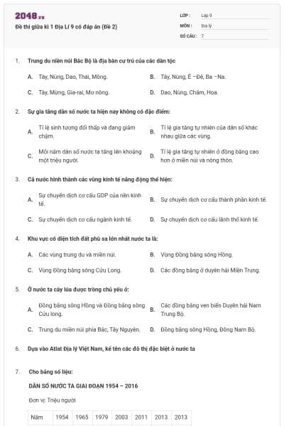 Đề thi giữa kì 1 Địa Lí 9 có đáp án (Đề 2)