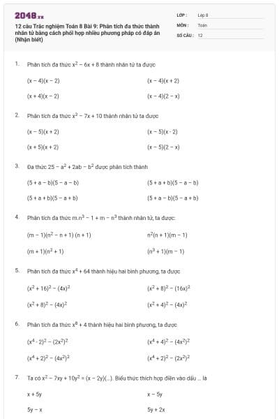 12 câu Trắc nghiệm Toán 8 Bài 9: Phân tích đa thức thành nhân tử bằng cách phối hợp nhiều phương pháp có đáp án (Nhận biết)