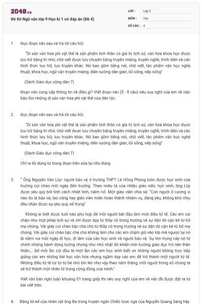 Đề thi Ngữ văn lớp 9 Học kì 1 có đáp án (Đề 4)