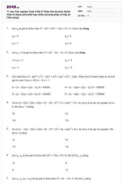 11 câu Trắc nghiệm Toán 8 Bài 9: Phân tích đa thức thành nhân tử bằng cách phối hợp nhiều phương pháp có đáp án (Vận dụng)