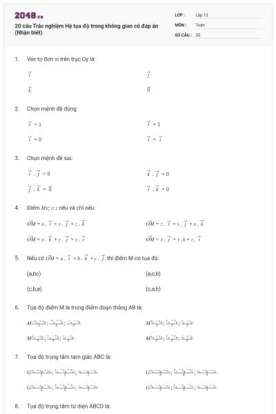 20 câu Trắc nghiệm Hệ tọa độ trong không gian có đáp án (Nhận biết)
